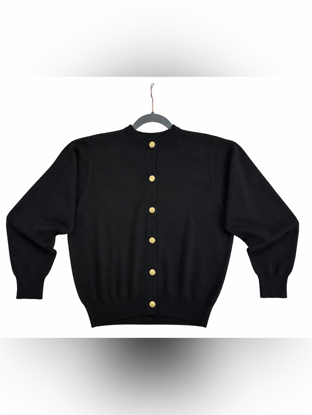 Vintage Ballantyne Scotland Merino Wool Cardigan Black Gold Button I Magnin